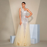 Women One Shoulder Slash Shoulder Bodycon Sequin Slit Formal Party Evening Dress
