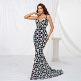 Women Suspender V Neck Bodycon Sequin Formal Party Fishtail Evening Dress