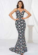 Women Suspender V Neck Bodycon Sequin Formal Party Fishtail Evening Dress