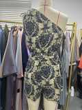 Women Summer Print Slash Shoulder Drawstring Sleeveless One Shoulder Jumpsuit