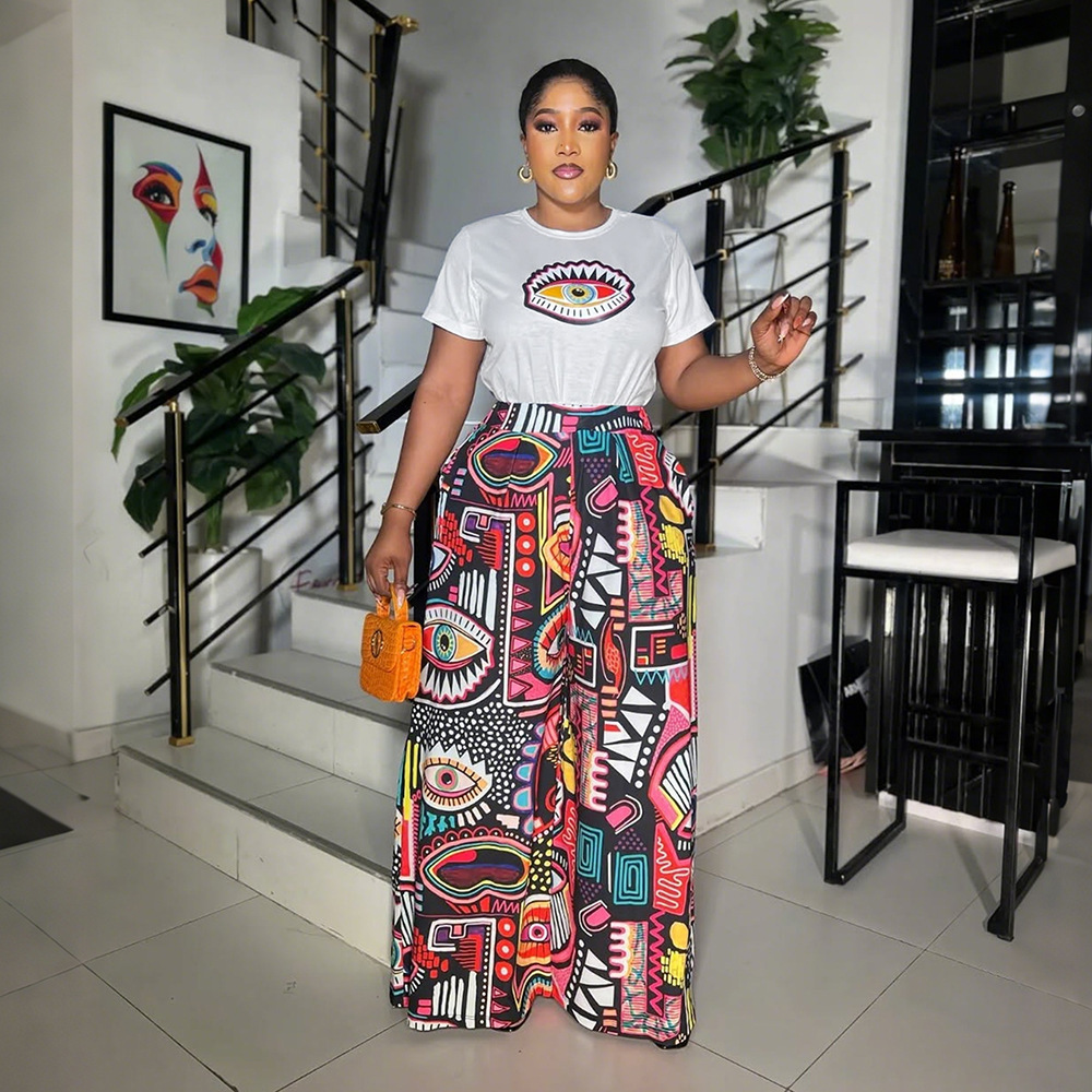 Women Printed Round Neck Short Sleeve Top and Wide Leg Pants Two Piece Set