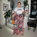 Women Printed Round Neck Short Sleeve Top and Wide Leg Pants Two Piece Set