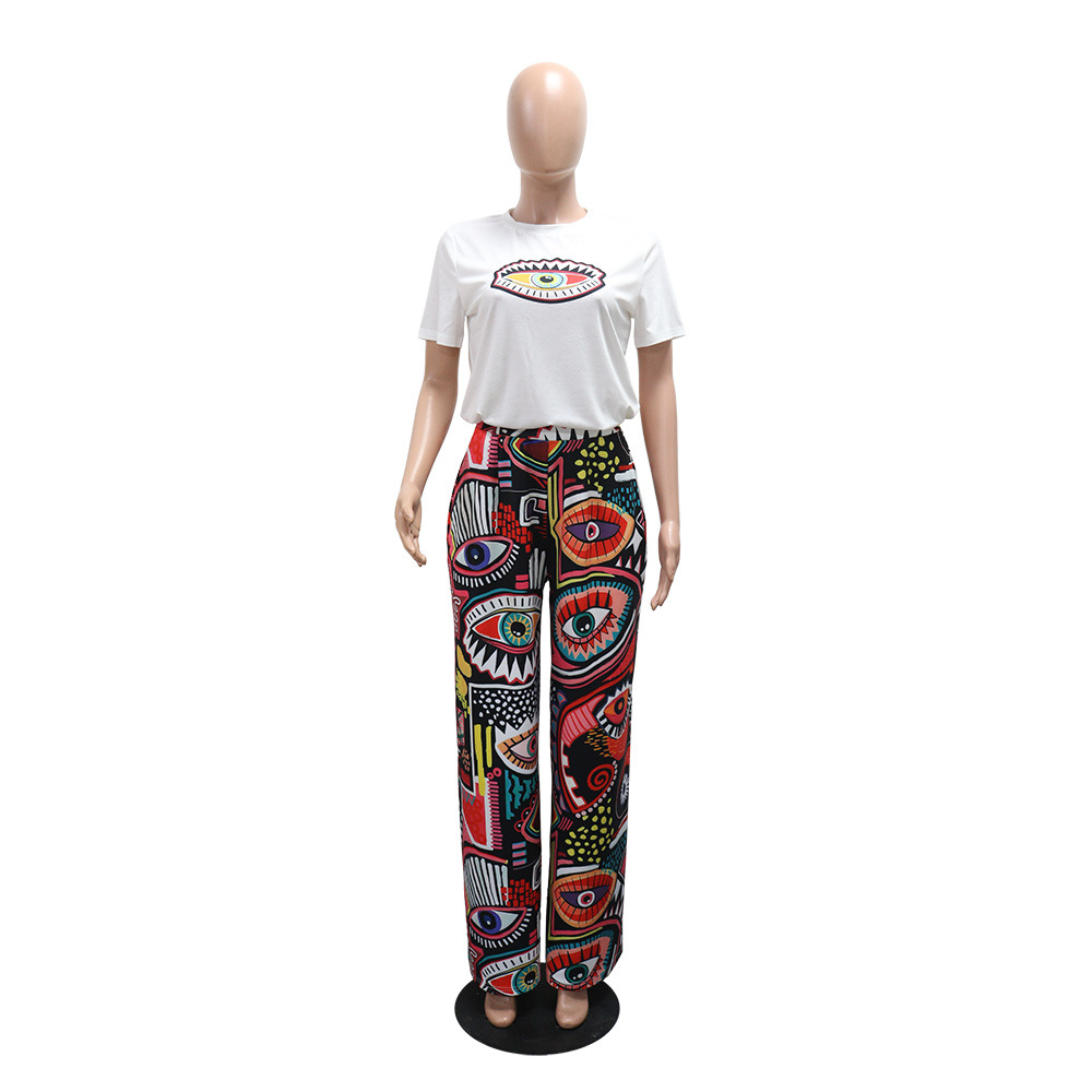 Women Printed Round Neck Short Sleeve Top and Wide Leg Pants Two Piece Set