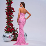 Women chest wrap off shoulder bodycon sequins formal party fishtail evening dress