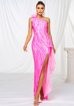 Women one shoulder slash shoulder sequins slit formal party evening dress