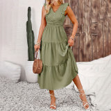 Women Ruffled Solid Jacquard Sleeveless Cascading Ruffles Dress