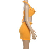 Women Summer Style Casual Solid Knitting Halter Neck Top and Skirt Two Piece Set