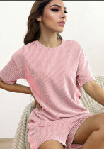 Women Summer Knitting Casual Solid Short Sleeve Top and Shorts Two Piece Set