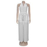 Women Summer Casual Solid V-neck Backless Jumpsuit
