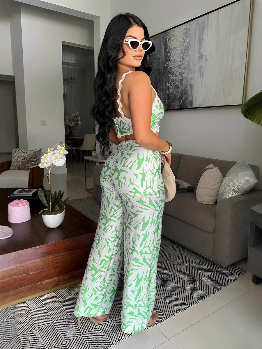 Women summer print sexy suspender wrap chest lace contrast color Top and Bell Bottom Pants Two Piece Set