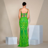Women Suspender V Neck Bodycon Sequin Formal Party Fishtail Evening Dress