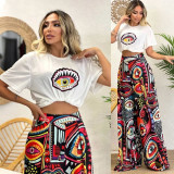 Women Printed Round Neck Short Sleeve Top and Wide Leg Pants Two Piece Set