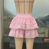 Women Elastic Waist Puffy Layered Lace Cascading Ruffles Skirt Pants