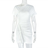 Women Casual Solid Bodycon Slash Shoulder Pleated Short Sleeve Dress