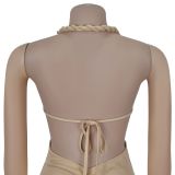 Women sexy knitting Halter Neck Backless Solid Dress