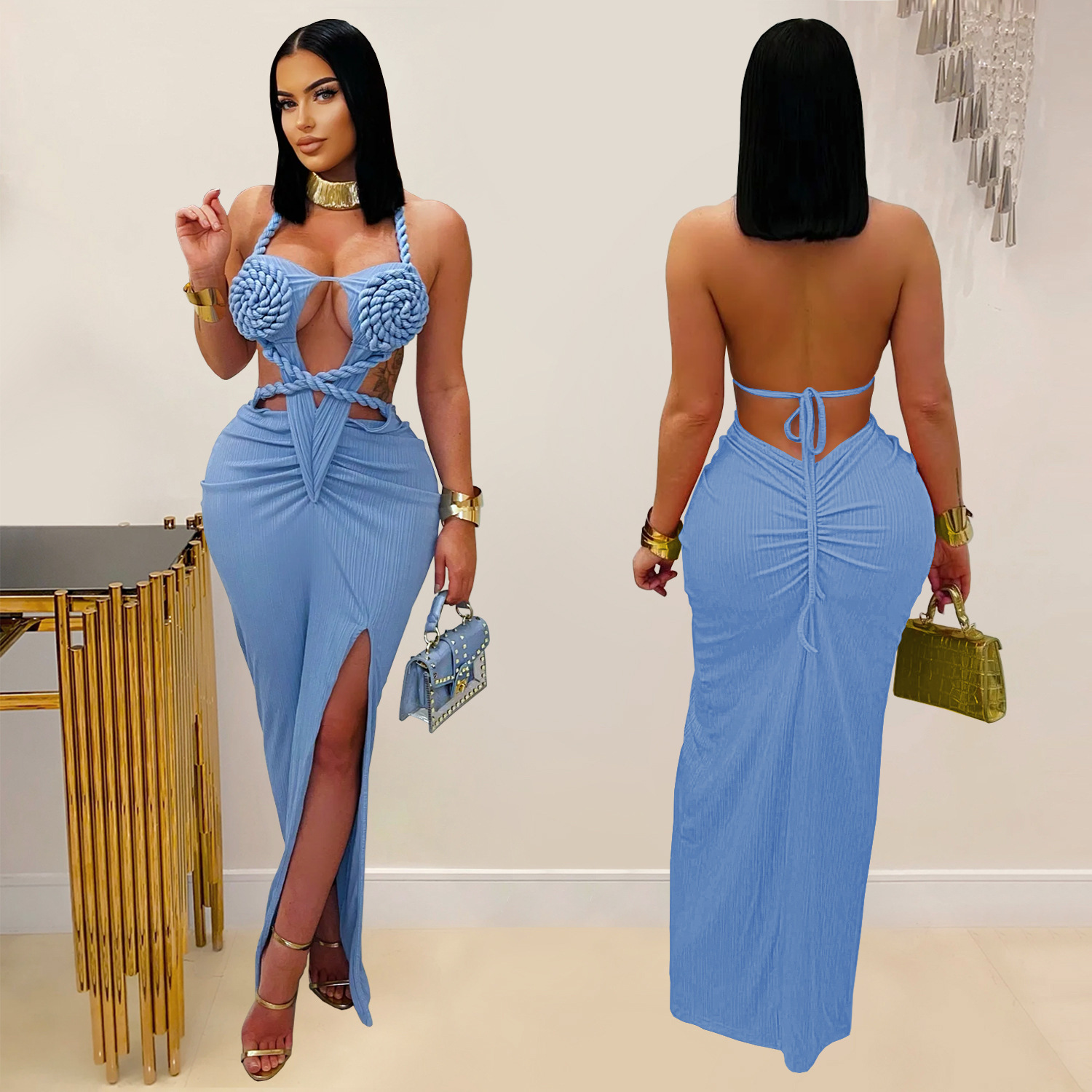 Women sexy knitting Halter Neck Backless Solid Dress