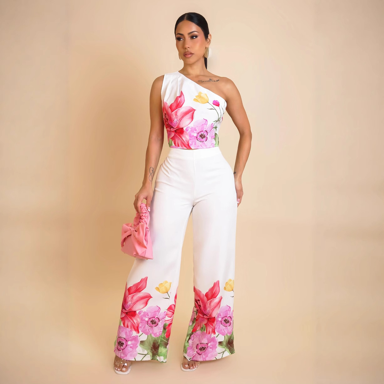 Women Elegant Stretchy Slash Shoulder Top and Wide Leg Pants Two Piece Set