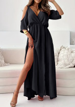 Summer plus size Women solid strap off shoulder sexy slit elegant dress Summer plus size Women solid strap off shoulder sexy slit elegant dress
