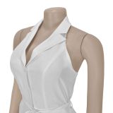 Women Summer Casual Solid V-neck Backless Jumpsuit