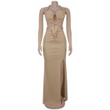Women sexy knitting Halter Neck Backless Solid Dress