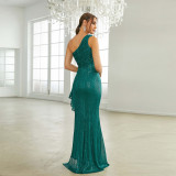 Women one shoulder slash shoulder bodycon sequins slit formal party evening dress