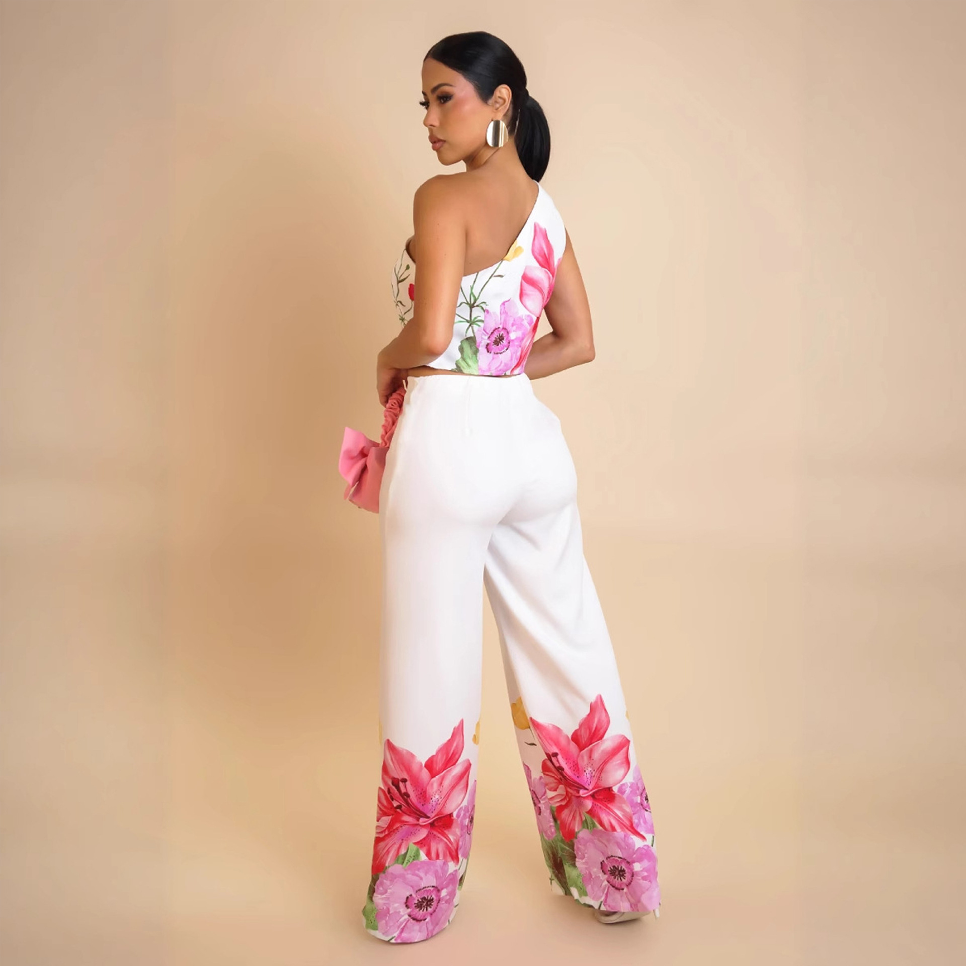 Women Elegant Stretchy Slash Shoulder Top and Wide Leg Pants Two Piece Set