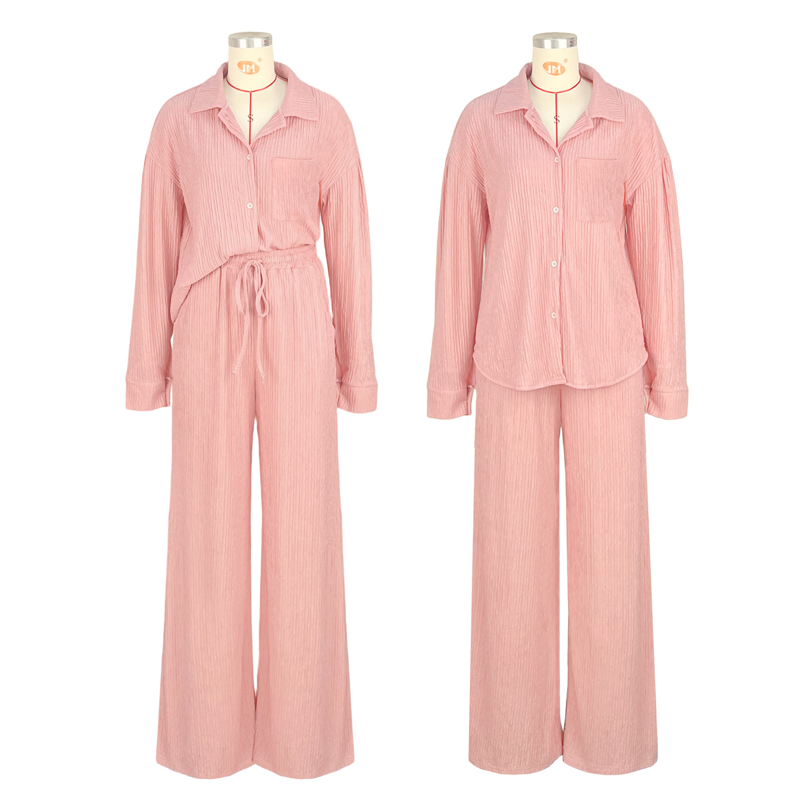 Women Crumpled Lace-Up Top and Pocket Wide Leg Pants Two Piece Set