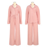Women Crumpled Lace-Up Top and Pocket Wide Leg Pants Two Piece Set