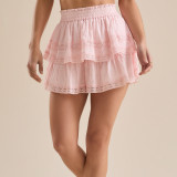 Women Elastic Waist Puffy Layered Lace Cascading Ruffles Skirt Pants