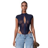 Women Summer Metal Buckle Sexy See-Through Mesh Bodysuit