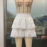 Women Elastic Waist Puffy Layered Lace Cascading Ruffles Skirt Pants
