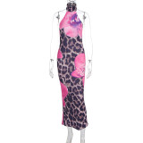 Women Summer Sexy Leopard Print Round Neck Backless Bodycon Dress