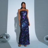 Women chest wrap off shoulder bodycon sequins formal party fishtail evening dress