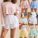 Women Elastic Waist Puffy Layered Lace Cascading Ruffles Skirt Pants
