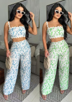 Women summer print sexy suspender wrap chest lace contrast color Top and Bell Bottom Pants Two Piece Set