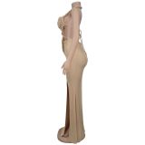 Women sexy knitting Halter Neck Backless Solid Dress