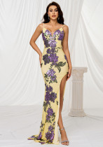 Women sling v neck bodycon sequins formal party slit evening dress