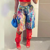 Women Summer Print Casual pocket denim shorts