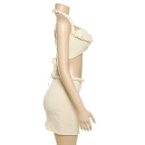 Women Summer Style Casual Solid Knitting Halter Neck Top and Skirt Two Piece Set