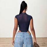 Women Summer Metal Buckle Sexy See-Through Mesh Bodysuit