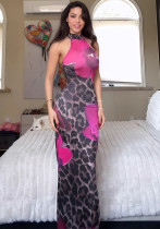 Women Summer Sexy Leopard Print Round Neck Backless Bodycon Dress