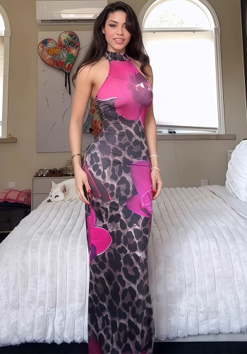 Women Summer Sexy Leopard Print Round Neck Backless Bodycon Dress