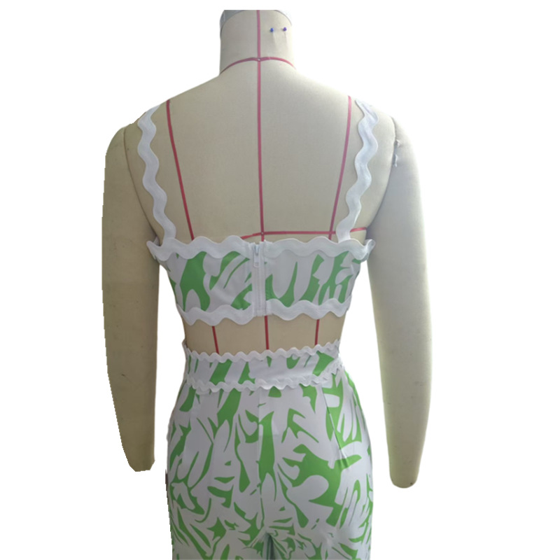 Women summer print sexy suspender wrap chest lace contrast color Top and Bell Bottom Pants Two Piece Set