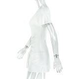 Women Casual Solid Bodycon Slash Shoulder Pleated Short Sleeve Dress