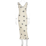 Women Summer French Bow V-Neck Suspender Bodycon Dress
