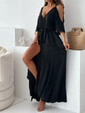 Summer plus size Women solid strap off shoulder sexy slit elegant dress