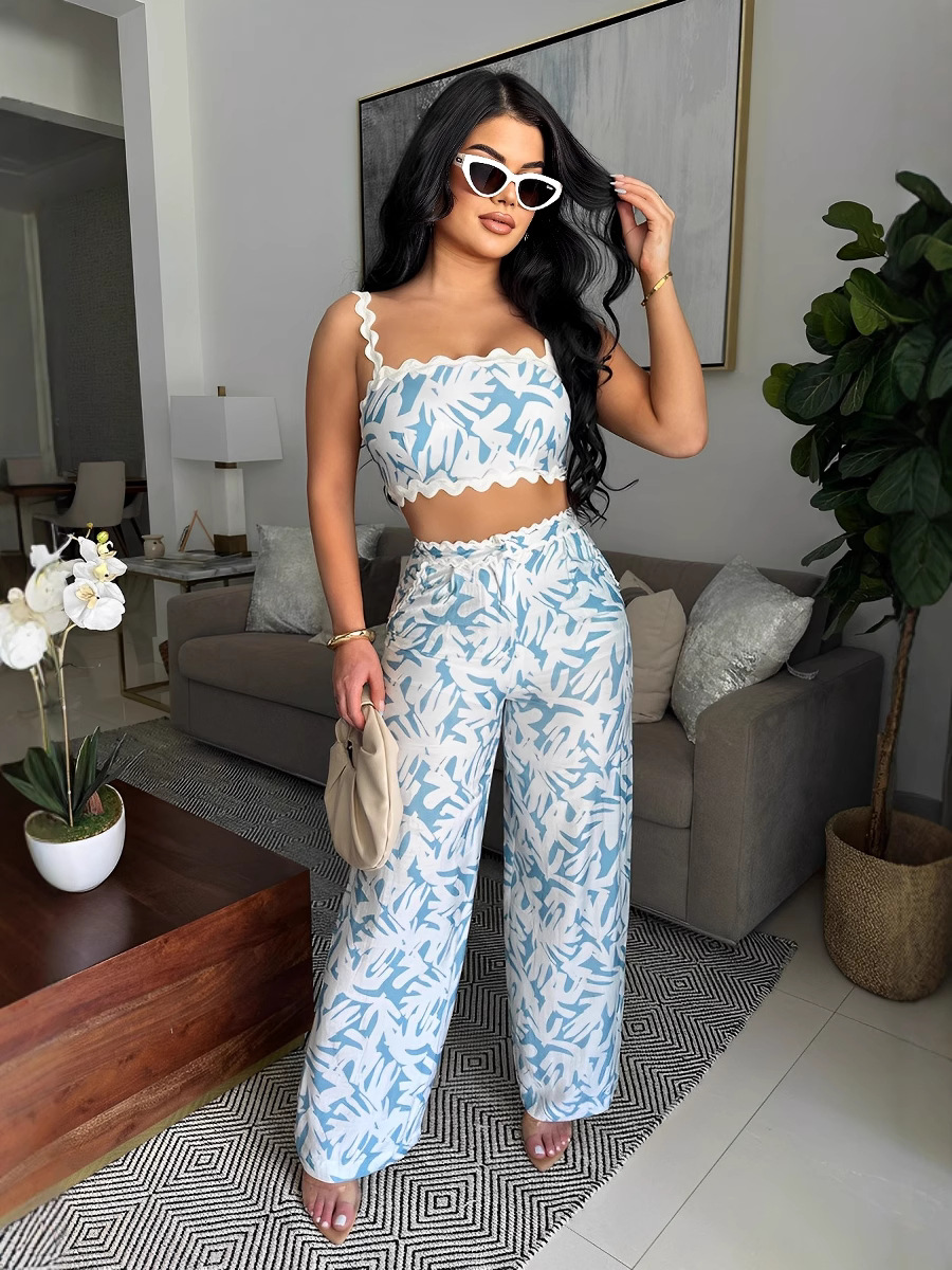 Women summer print sexy suspender wrap chest lace contrast color Top and Bell Bottom Pants Two Piece Set