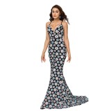 Women Suspender V Neck Bodycon Sequin Formal Party Fishtail Evening Dress