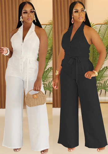 Women Summer Casual Solid V-neck Backless Jumpsuit