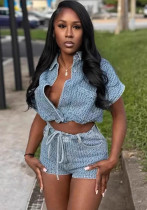 Women Summer Casual Denim Top and Shorts Two Piece Set